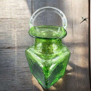 Vintage Hand Blown Green Glass Basket Bowl With Clean Handle Hand Made Glassware